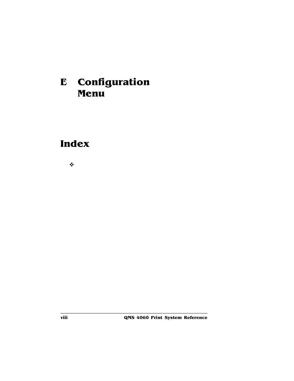 E configuration menu, Index | HP QMS 4060 User Manual | Page 10 / 232