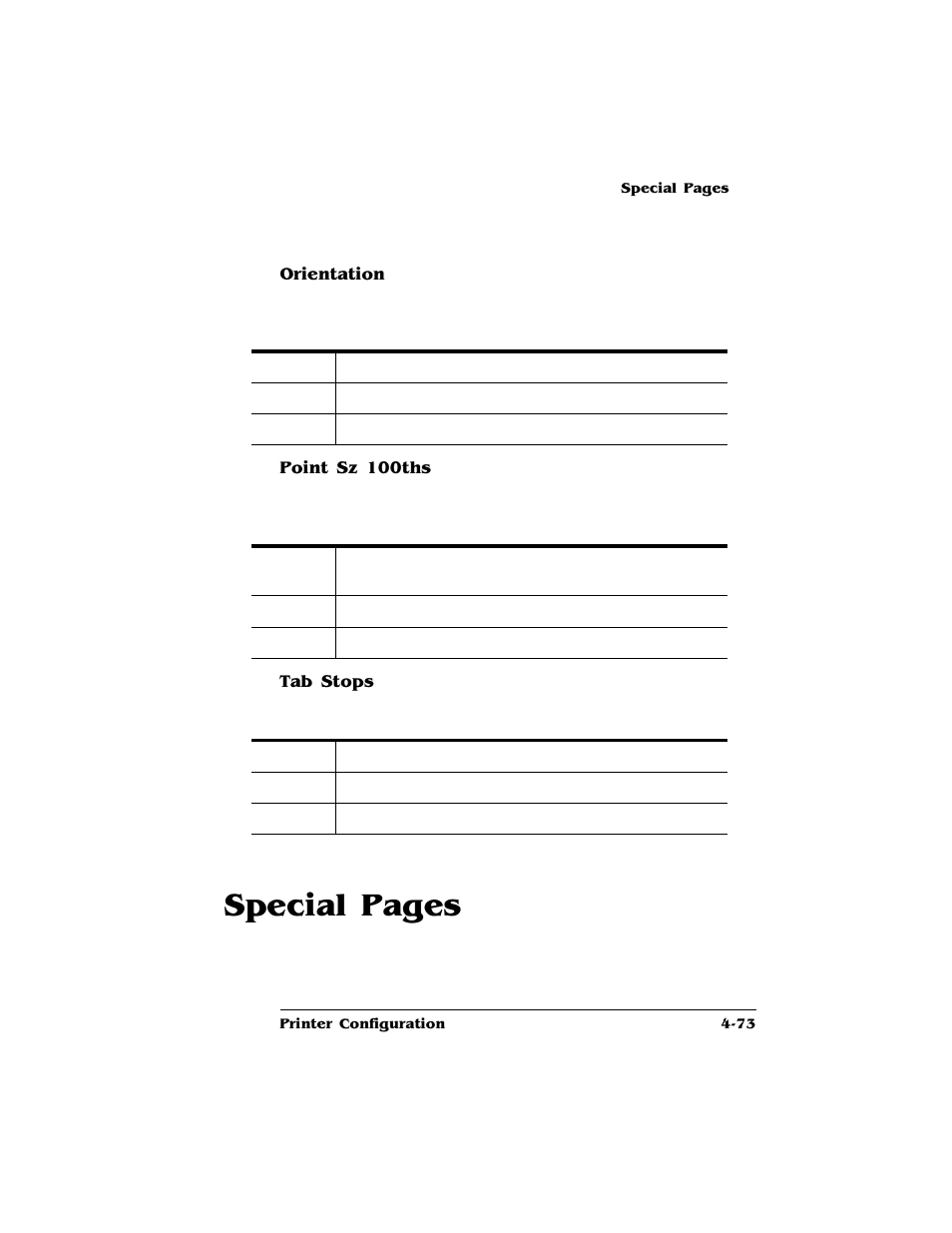 Orientation, Point sz 100ths, Tab stops | Special pages | HP QMS 4060 User Manual | Page 107 / 232