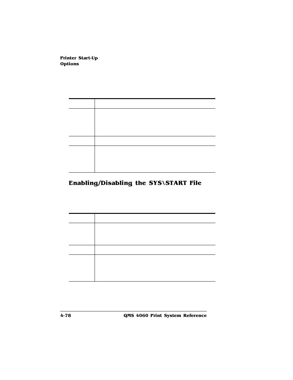 Enabling/disabling the sys\start file, Enabling/disabling the sys\start file 4-78 | HP QMS 4060 User Manual | Page 112 / 232