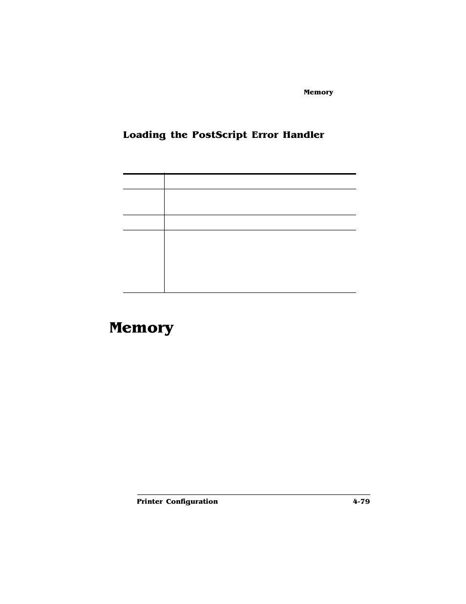 Loading the postscript error handler, Memory, Loading the postscript error handler 4-79 | Memory -79 | HP QMS 4060 User Manual | Page 113 / 232
