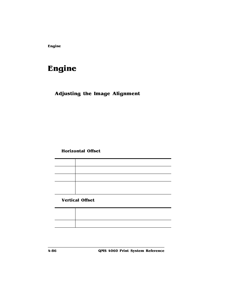 Engine, Adjusting the image alignment, Horizontal offset | Vertical offset, Engine -86, Adjusting the image alignment 4-86 | HP QMS 4060 User Manual | Page 120 / 232