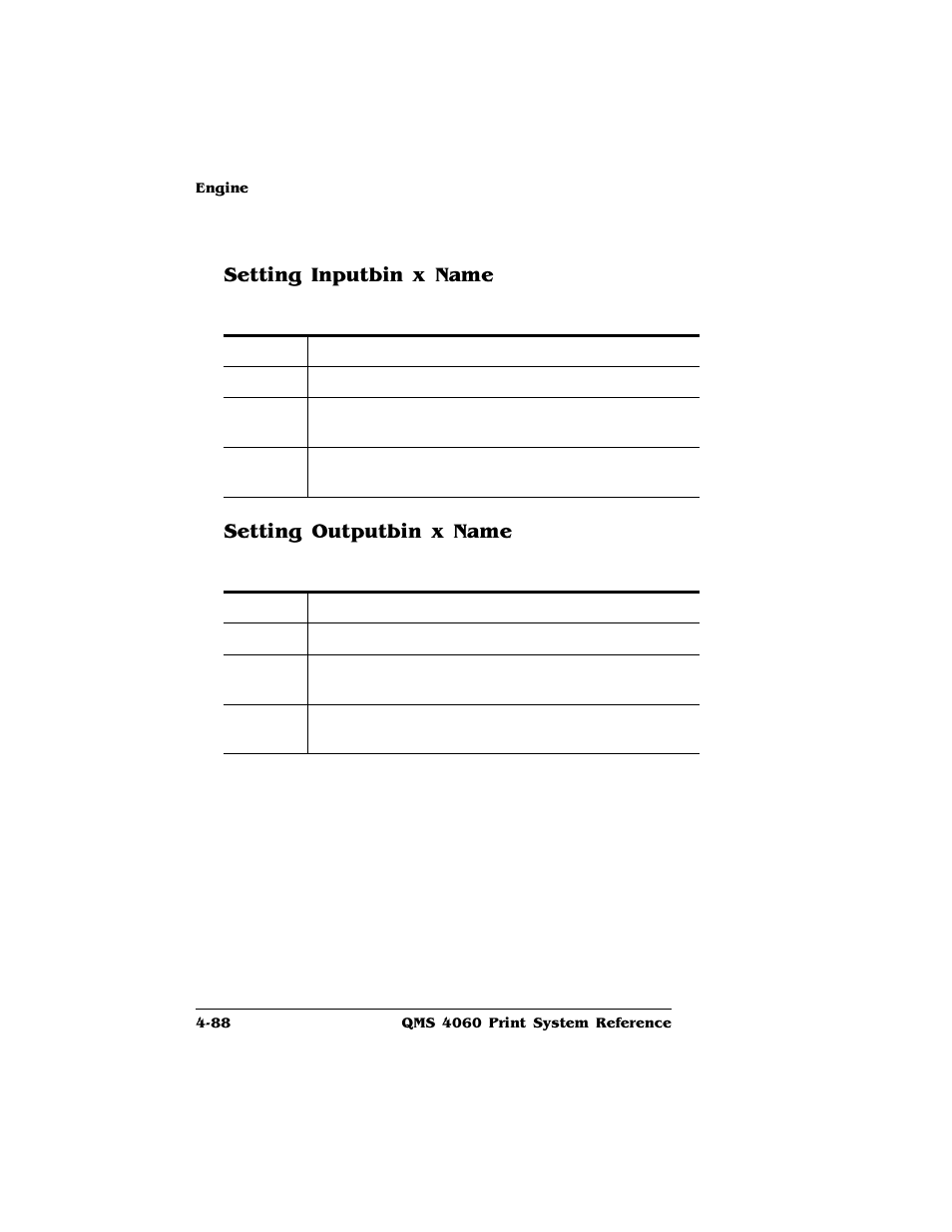 Setting inputbin x name, Setting outputbin x name | HP QMS 4060 User Manual | Page 122 / 232