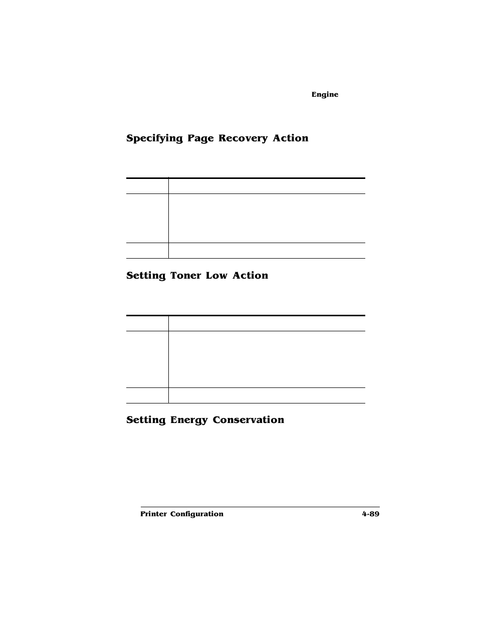 Setting toner low action, Setting energy conservation, Specifying page recovery action | HP QMS 4060 User Manual | Page 123 / 232