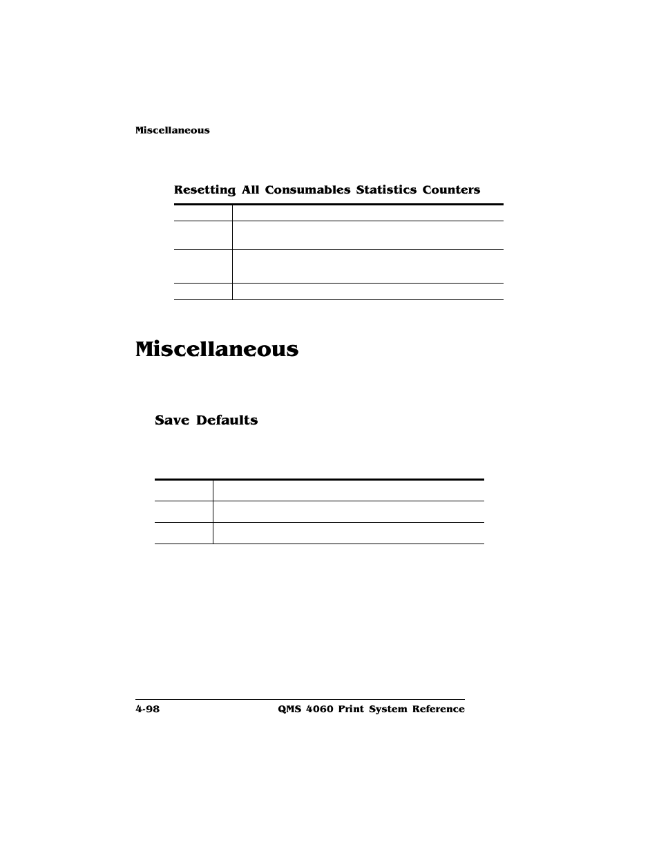 Resetting all consumables statistics counters, Miscellaneous, Save defaults | Miscellaneous -98, Save defaults 4-98 | HP QMS 4060 User Manual | Page 132 / 232