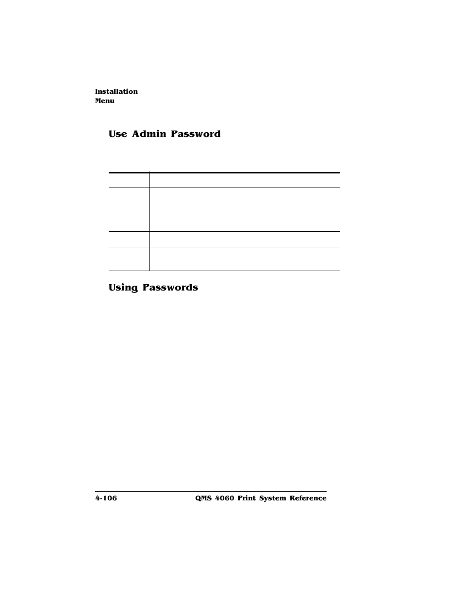 Use admin password, Using passwords, Use admin password 4-106 using passwords 4-106 | HP QMS 4060 User Manual | Page 140 / 232