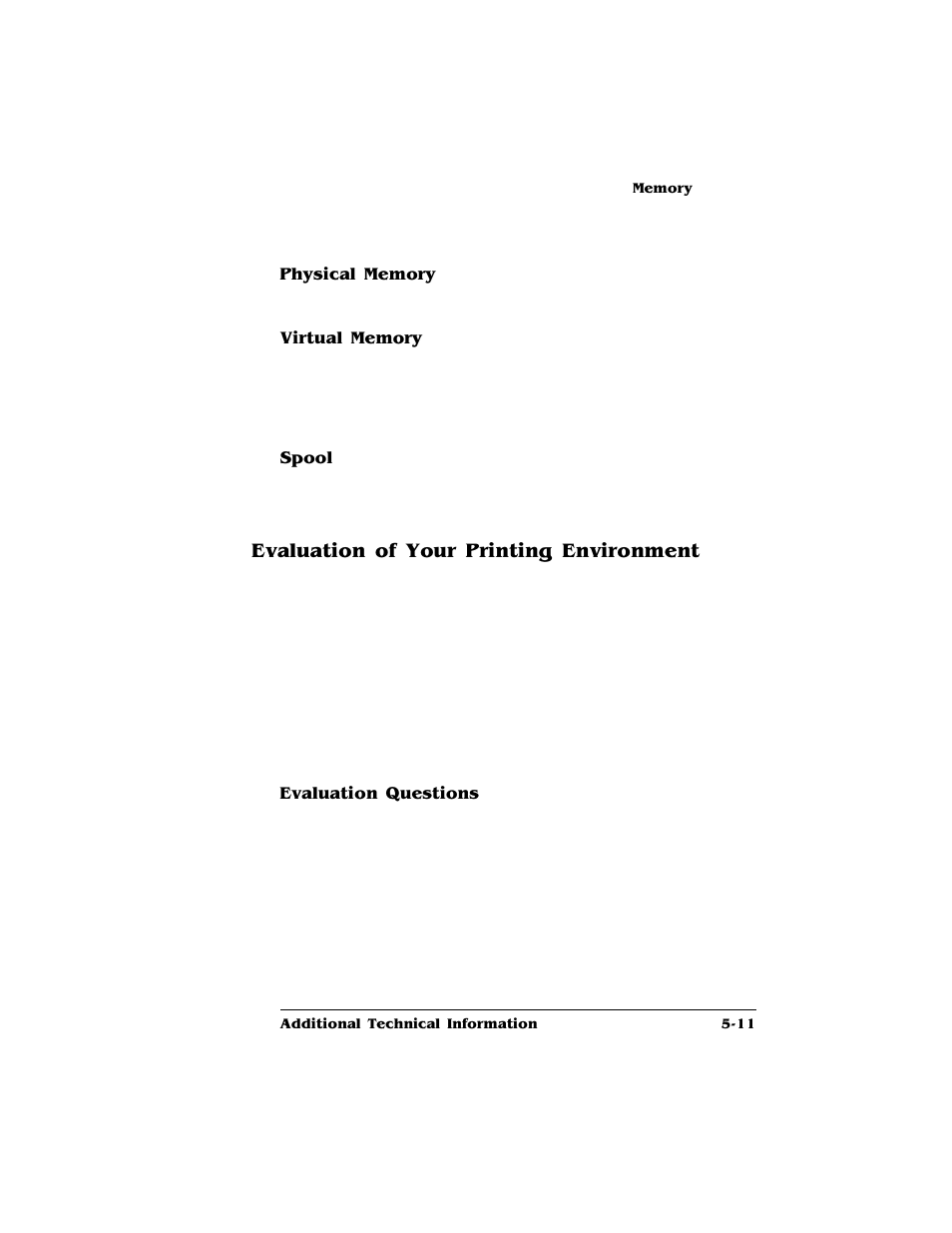 Physical memory, Virtual memory, Spool | Evaluation of your printing environment, Evaluation questions, Evaluation of your printing environment 5-11 | HP QMS 4060 User Manual | Page 153 / 232