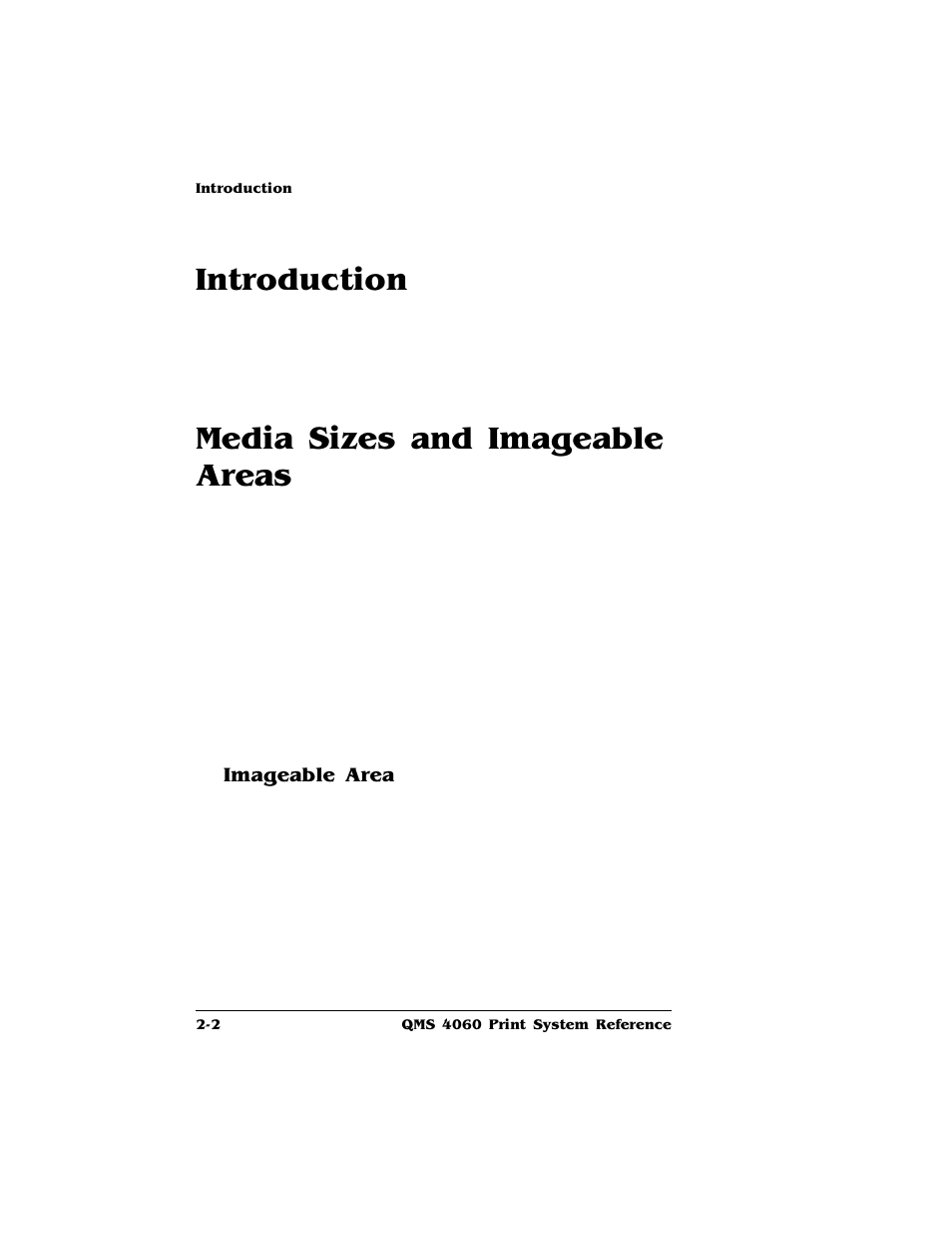 Introduction, Media sizes and imageable areas, Imageable area | Introduction -2, Media sizes and imageable areas -2, Imageable area 2-2 | HP QMS 4060 User Manual | Page 16 / 232