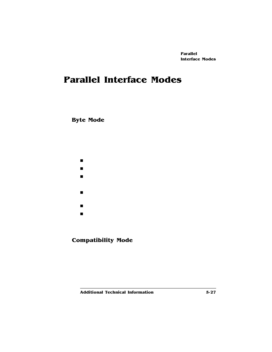 Parallel interface modes, Byte mode, Compatibility mode | Parallel interface modes -27, Byte mode 5-27 compatibility mode 5-27 | HP QMS 4060 User Manual | Page 169 / 232