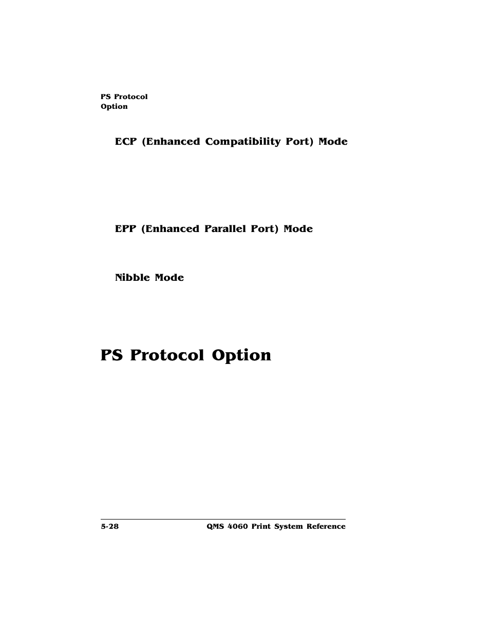 Ecp (enhanced compatibility port) mode, Epp (enhanced parallel port) mode, Nibble mode | Ps protocol option, Ps protocol option -28 | HP QMS 4060 User Manual | Page 170 / 232