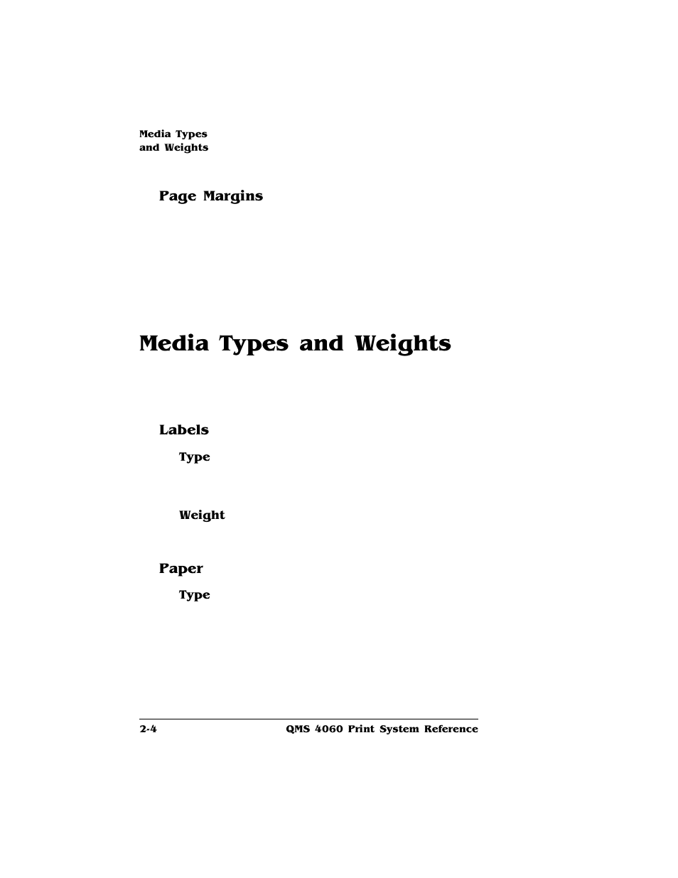 Media types and weights, Labels, Type | Weight, Paper, Media types and weights -4, Labels 2-4 paper 2-4, Page margins | HP QMS 4060 User Manual | Page 18 / 232