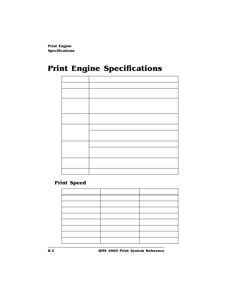 Print engine specifications, Print speed, Print speed b-10 | HP QMS 4060 User Manual | Page 184 / 232