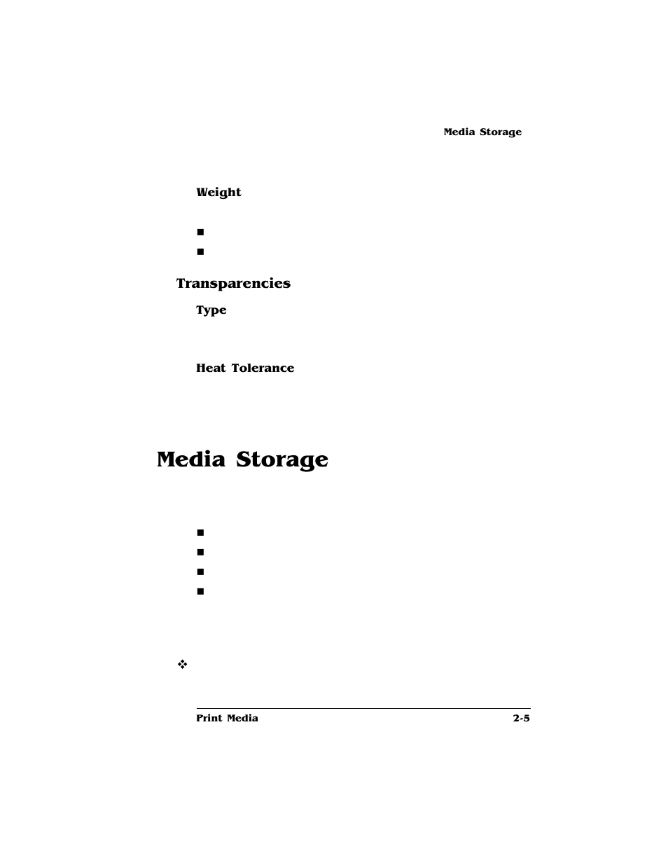 Weight, Transparencies, Type | Heat tolerance, Media storage, Transparencies 2-5, Media storage -5 | HP QMS 4060 User Manual | Page 19 / 232