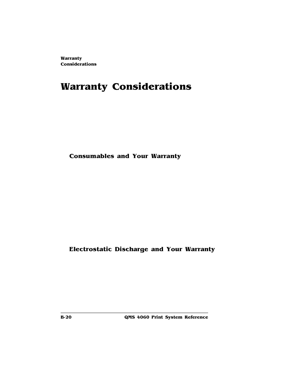 Warranty considerations, Consumables and your warranty, Electrostatic discharge and your warranty | HP QMS 4060 User Manual | Page 202 / 232