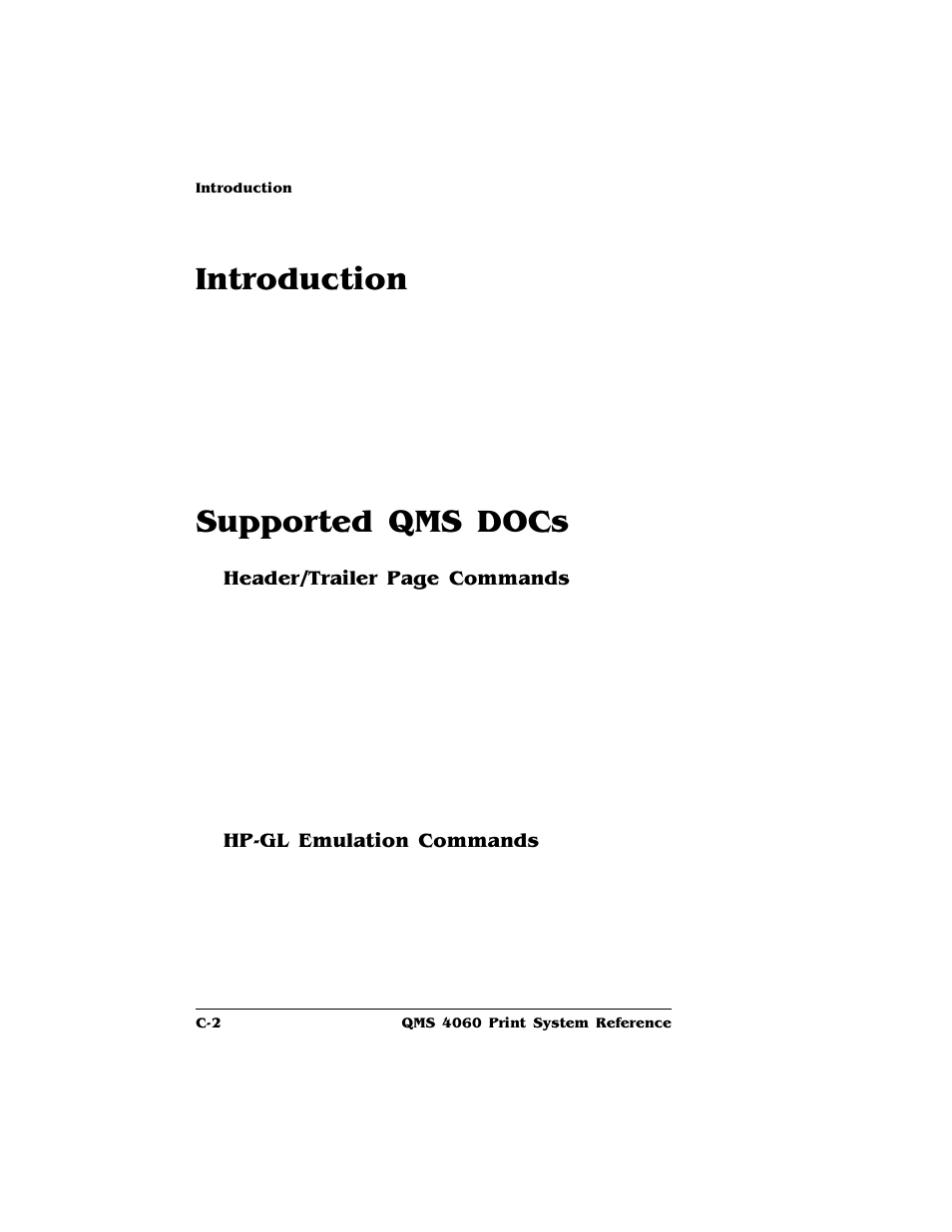 Introduction, Supported qms docs, Hp-gl emulation commands | Header/trailer page commands | HP QMS 4060 User Manual | Page 206 / 232