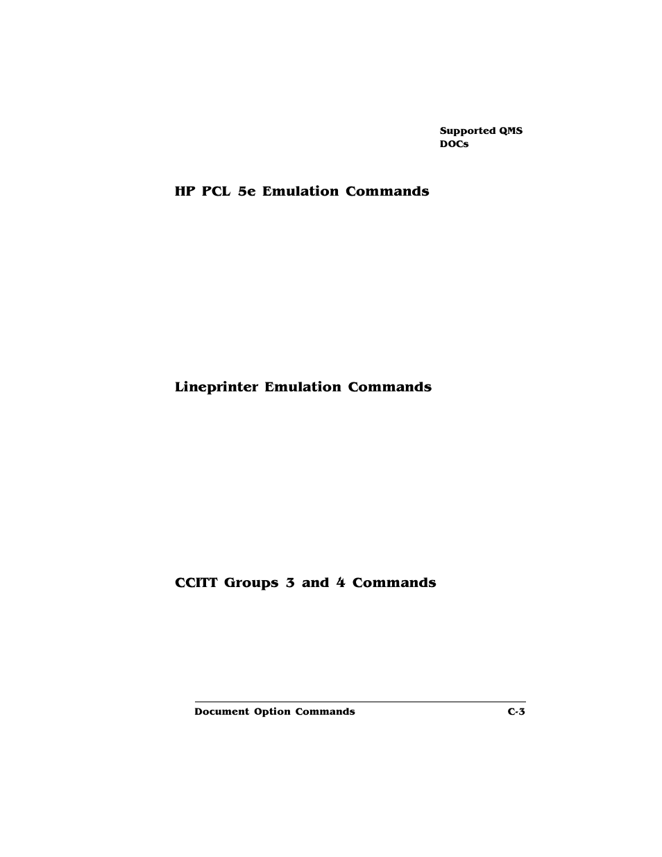 Hp pcl 5e emulation commands, Lineprinter emulation commands, Ccitt groups 3 and 4 commands | HP QMS 4060 User Manual | Page 207 / 232