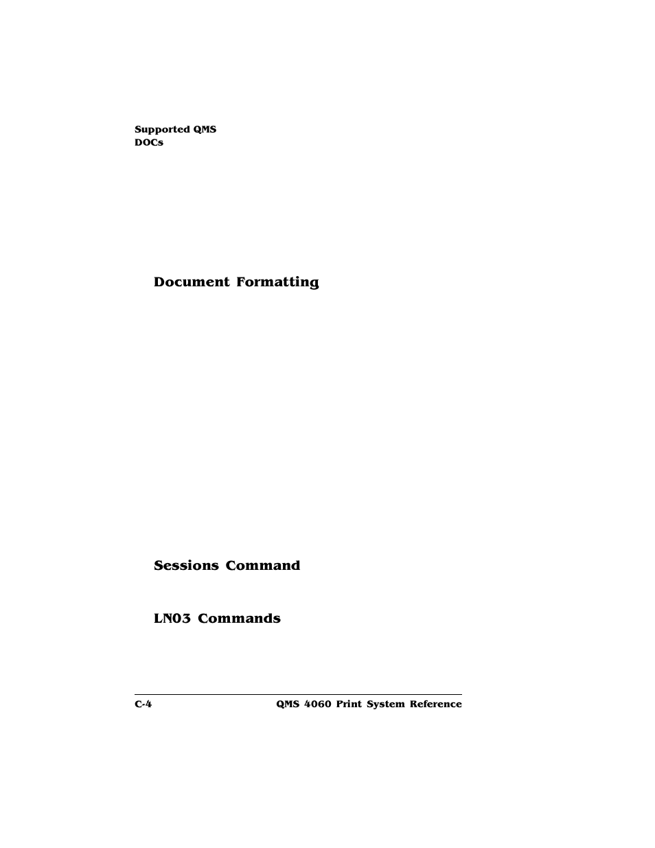 Document formatting, Sessions command, Ln03 commands | HP QMS 4060 User Manual | Page 208 / 232