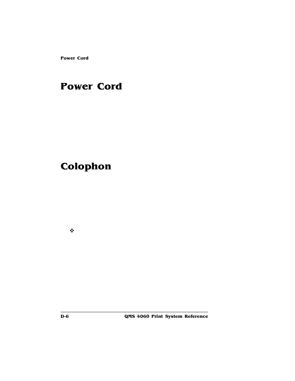 Power cord, Colophon | HP QMS 4060 User Manual | Page 216 / 232