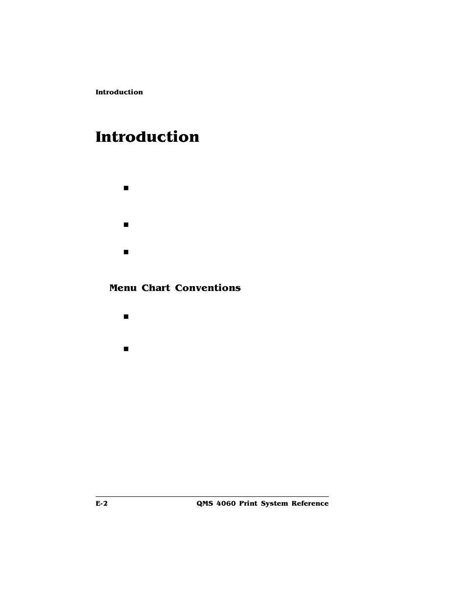 Introduction, Menu chart conventions, Menu chart conventions e-2 | HP QMS 4060 User Manual | Page 218 / 232