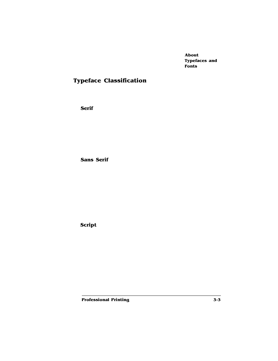 Typeface classification, Serif, Sans serif | Script, Typeface classification 3-3, Imes roman, Elvetica, Apf chancery | HP QMS 4060 User Manual | Page 23 / 232