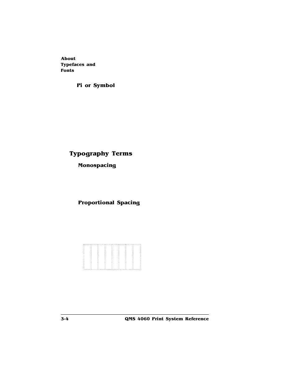 Pi or symbol, Typography terms, Monospacing | Proportional spacing, Typography terms 3-4, Ψµβολ, Alphabet | HP QMS 4060 User Manual | Page 24 / 232