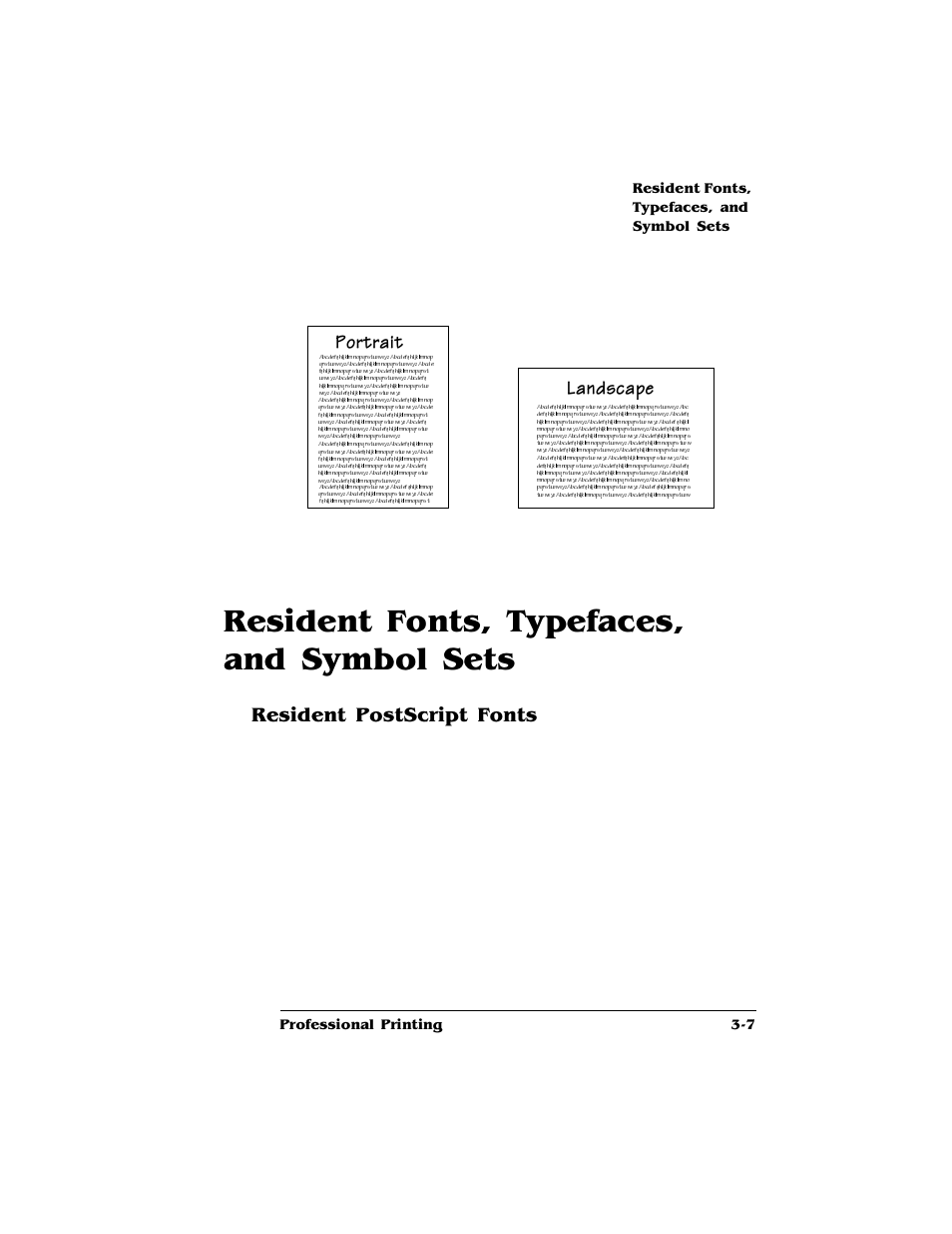 Resident fonts, typefaces, and symbol sets, Resident postscript fonts, Resident fonts, typefaces, and symbol sets -7 | Resident postscript fonts 3-7, Portrait landscape | HP QMS 4060 User Manual | Page 27 / 232