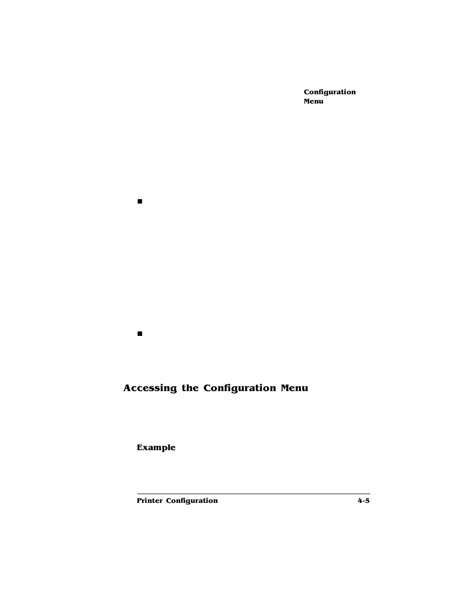 Accessing the configuration menu, Example, Accessing the configuration menu 4-5 | HP QMS 4060 User Manual | Page 39 / 232