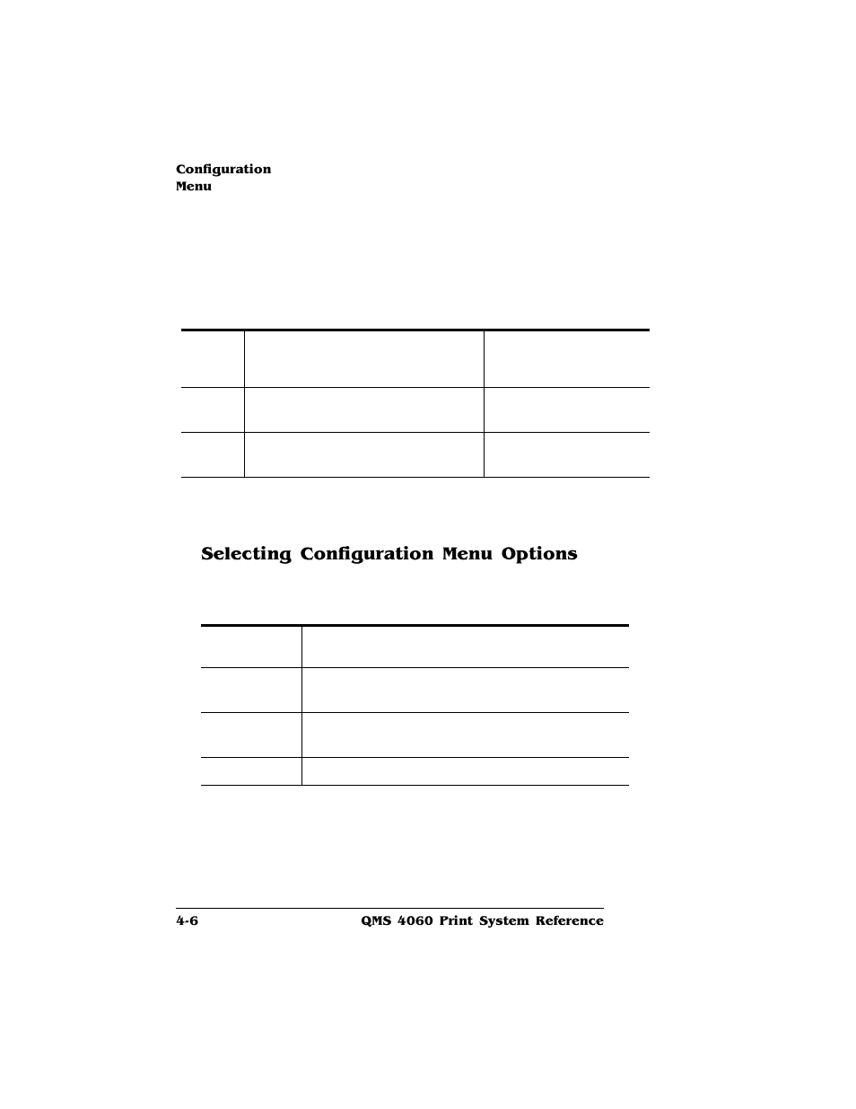 Selecting configuration menu options, Selecting configuration menu options 4-6 | HP QMS 4060 User Manual | Page 40 / 232