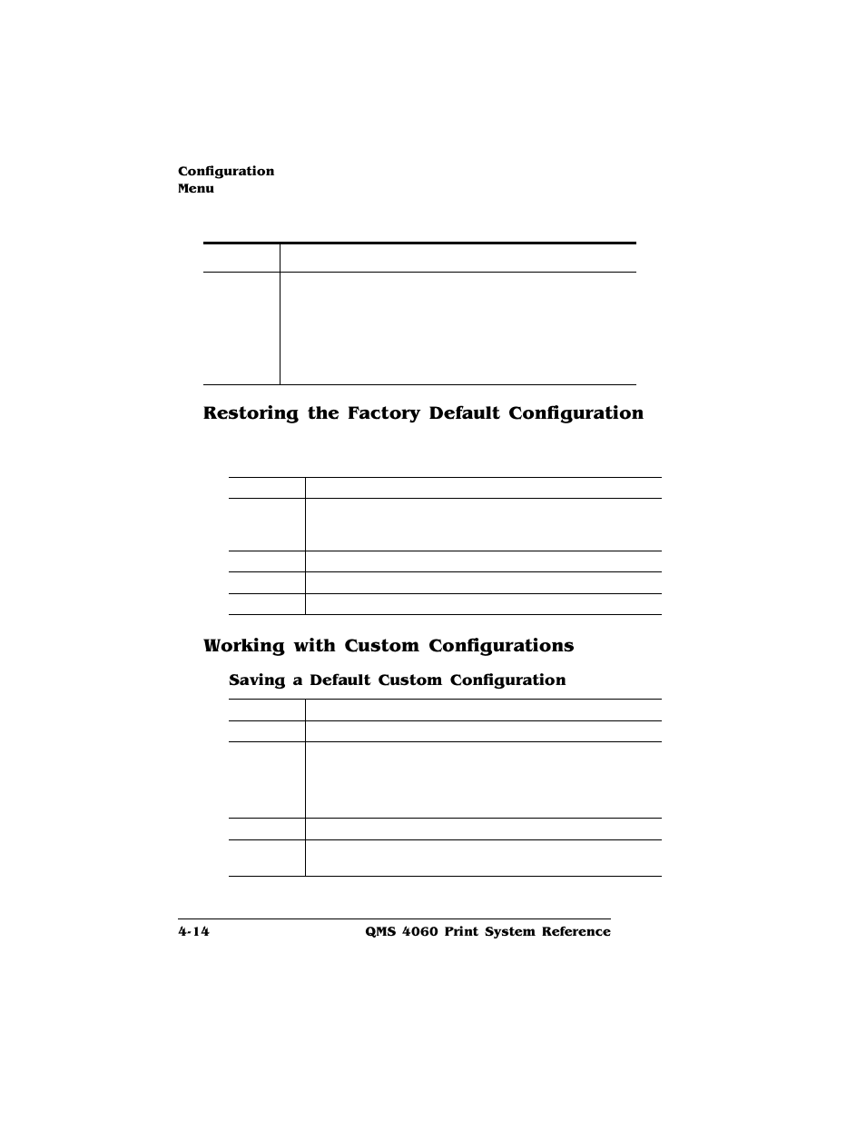 Restoring the factory default configuration, Working with custom configurations, Saving a default custom configuration | HP QMS 4060 User Manual | Page 48 / 232