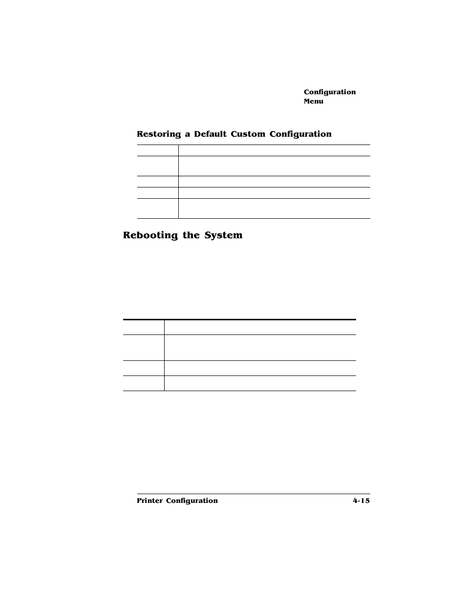 Restoring a default custom configuration, Rebooting the system, Rebooting the system 4-15 | HP QMS 4060 User Manual | Page 49 / 232
