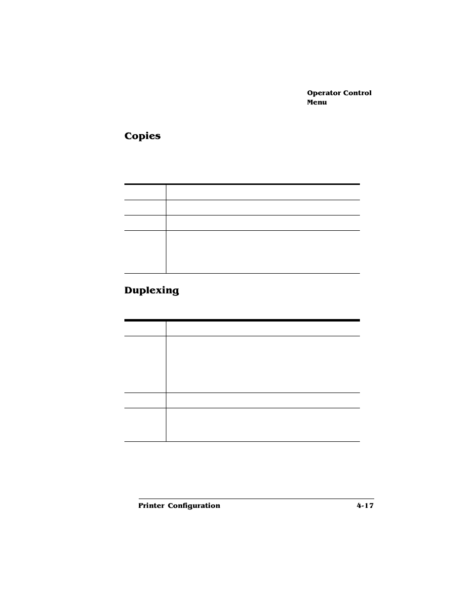 Copies, Duplexing, Copies 4-17 | Duplexing 4-17 | HP QMS 4060 User Manual | Page 51 / 232