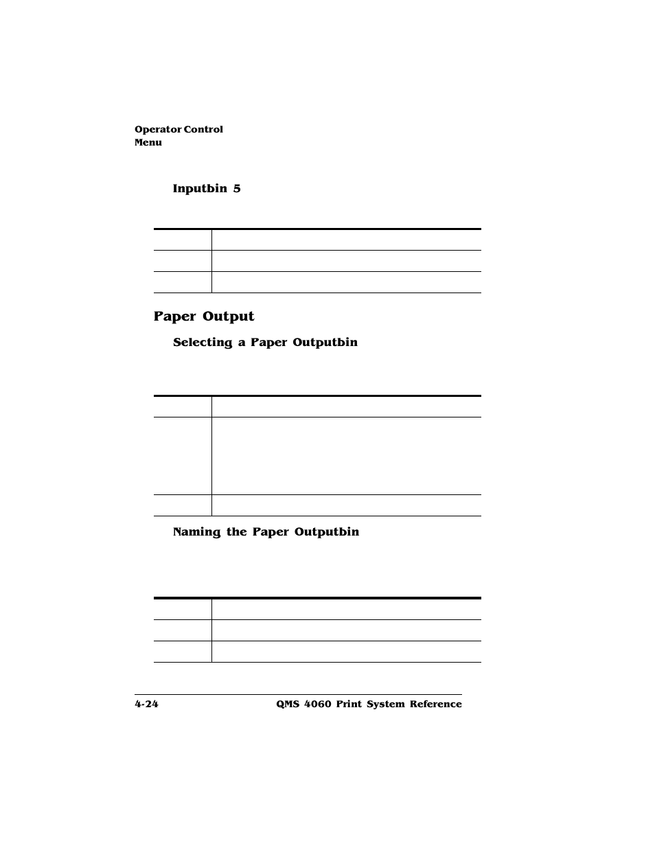Inputbin 5, Paper output, Selecting a paper outputbin | Naming the paper outputbin, Paper output 4-24 | HP QMS 4060 User Manual | Page 58 / 232