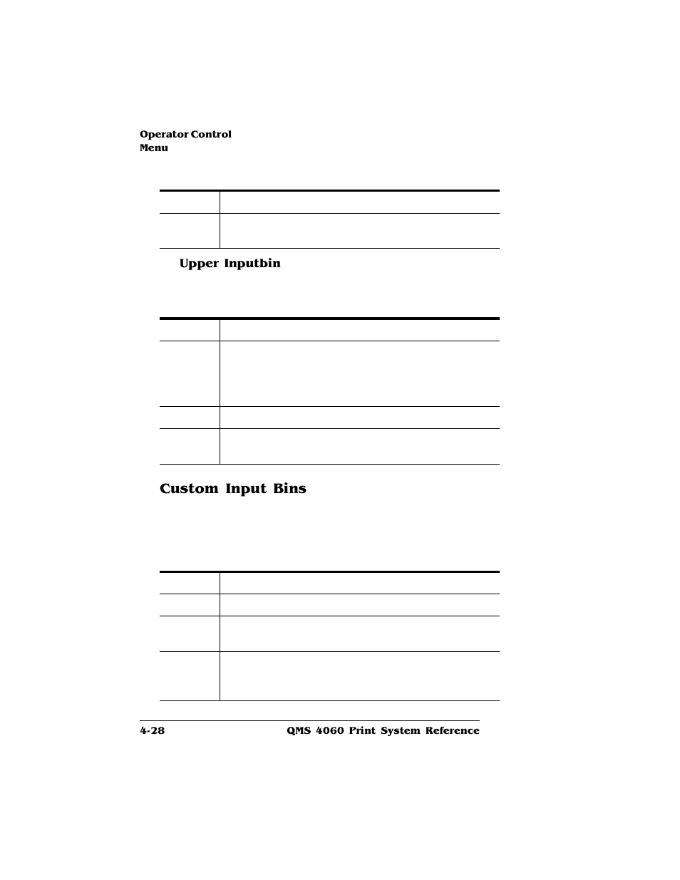 Upper inputbin, Custom input bins, Custom input bins 4-28 | HP QMS 4060 User Manual | Page 62 / 232