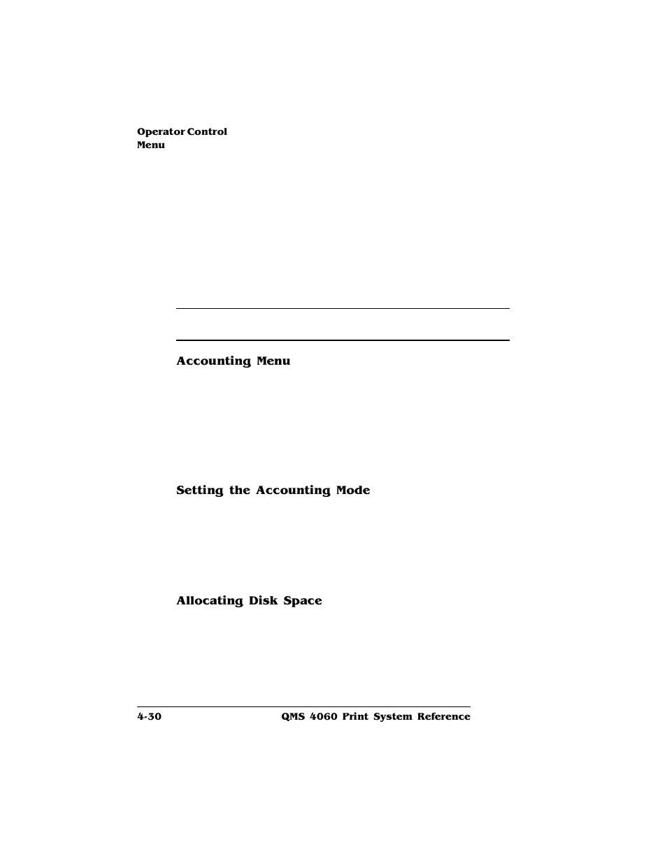 Accounting menu, Setting the accounting mode, Allocating disk space | HP QMS 4060 User Manual | Page 64 / 232