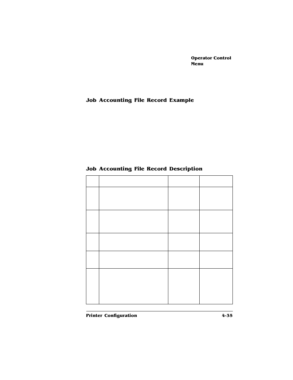Job accounting file record example, Job accounting file record description | HP QMS 4060 User Manual | Page 69 / 232