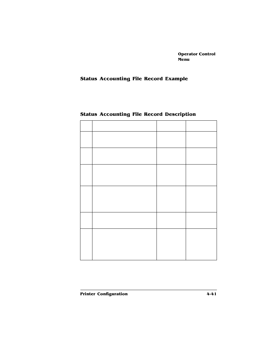 Status accounting file record example, Status accounting file record description | HP QMS 4060 User Manual | Page 75 / 232