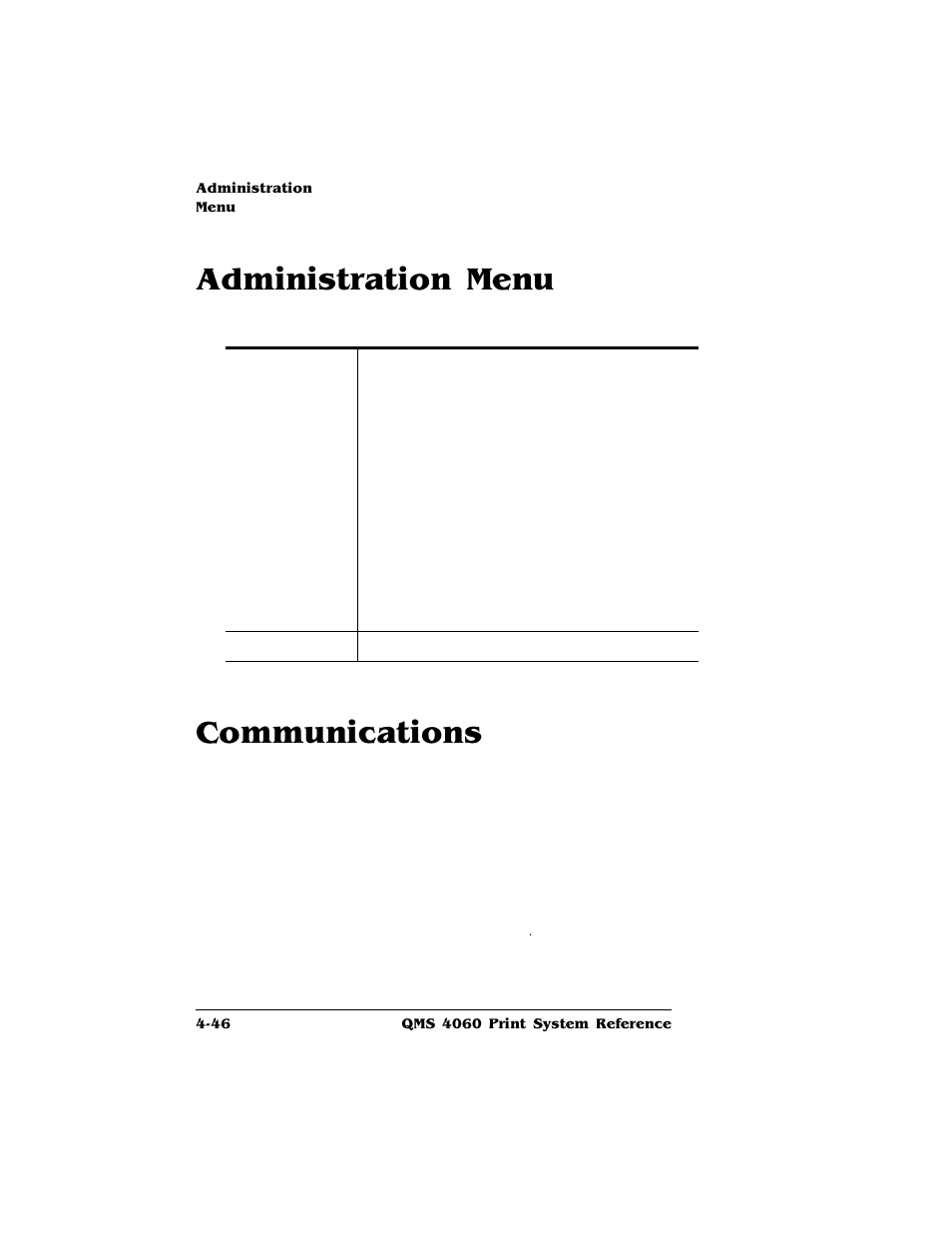 Administration menu, Communications, Administration menu -46 | Communications -46 | HP QMS 4060 User Manual | Page 80 / 232