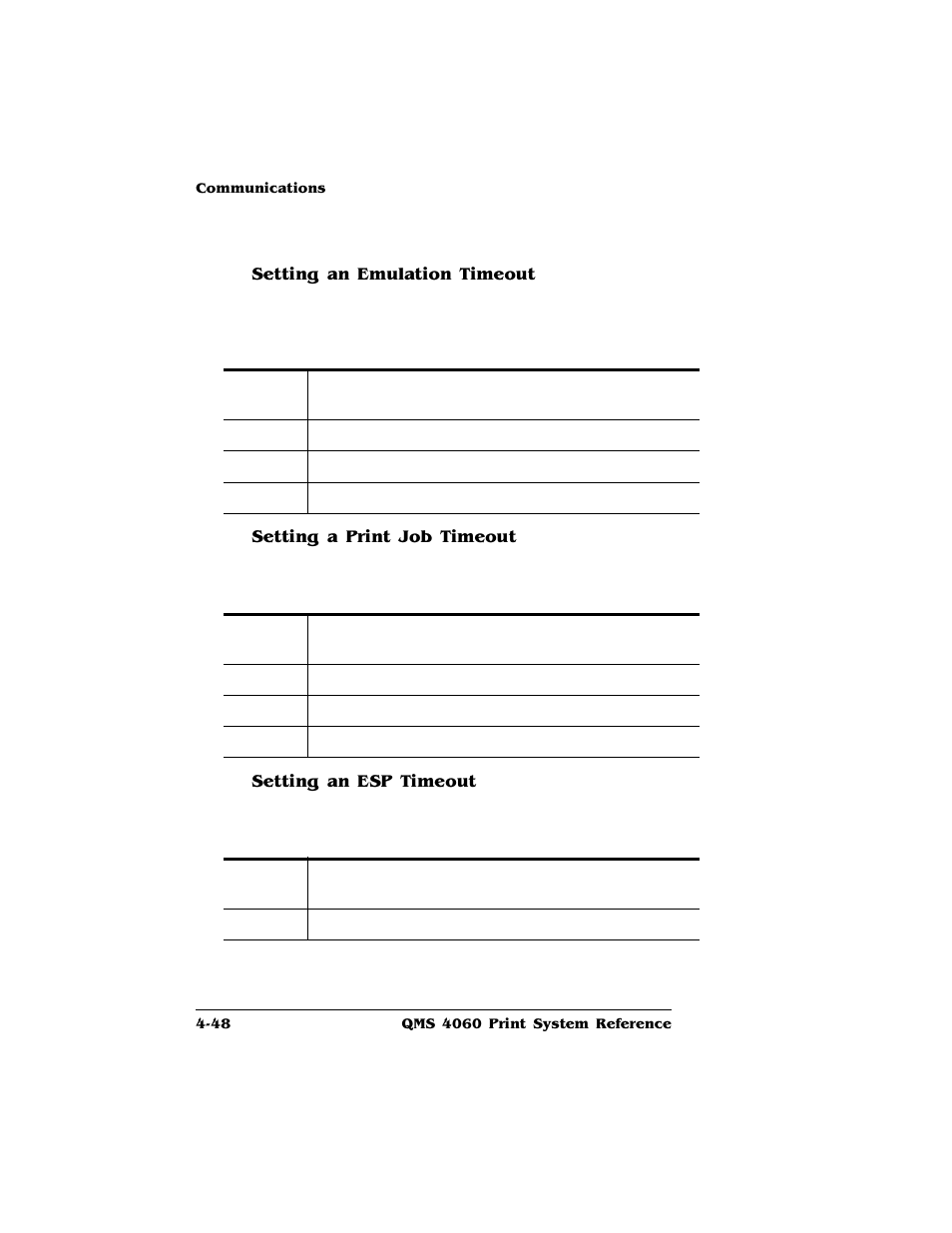 Setting an emulation timeout, Setting a print job timeout, Setting an esp timeout | HP QMS 4060 User Manual | Page 82 / 232