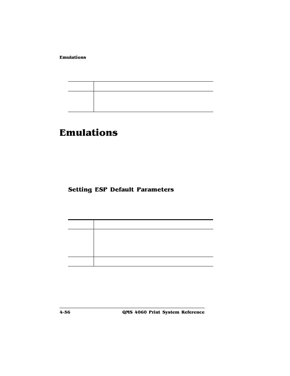 Emulations, Setting esp default parameters, Emulations -56 | Setting esp default parameters 4-56 | HP QMS 4060 User Manual | Page 90 / 232