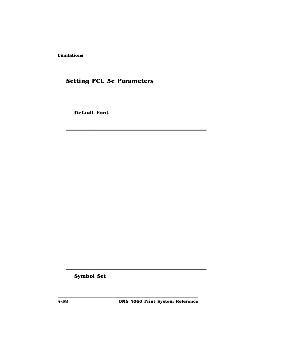 Setting pcl 5e parameters, Default font, Setting pcl 5e parameters 4-58 | HP QMS 4060 User Manual | Page 92 / 232