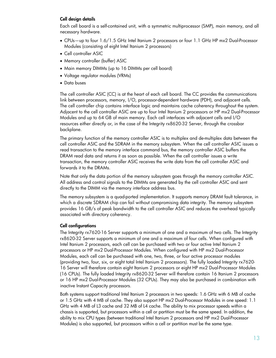 Cell design details, Cell configurations | HP RX8620-32 User Manual | Page 13 / 43