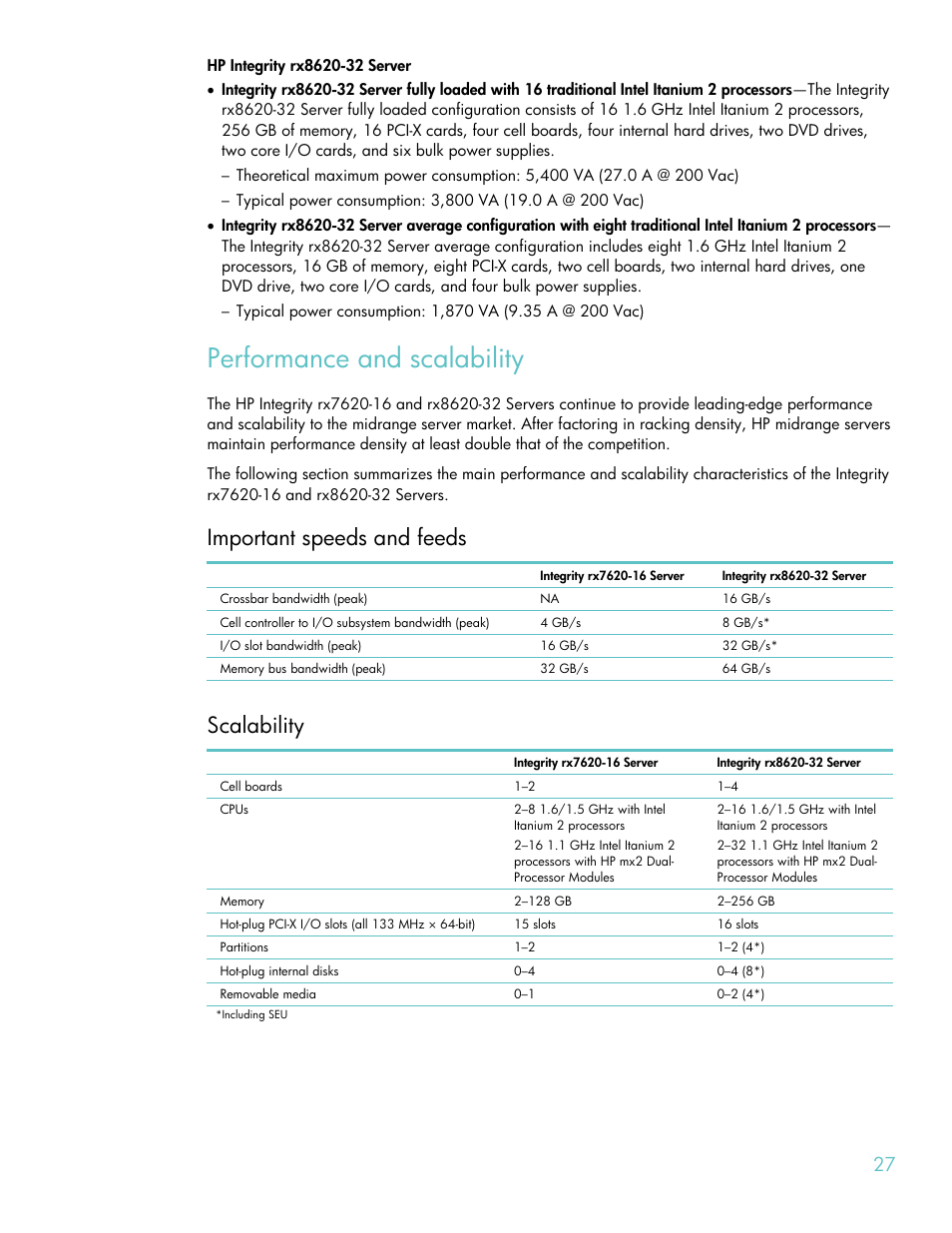 Hp integrity rx8620-32 server, Performance and scalability, Important speeds and feeds | Scalability | HP RX8620-32 User Manual | Page 27 / 43