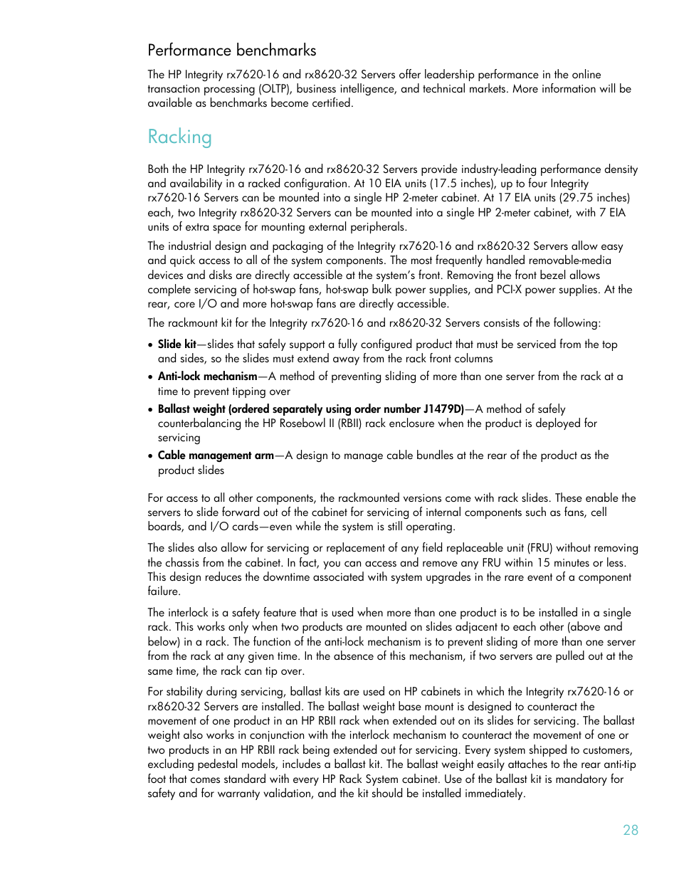 Performance benchmarks, Racking | HP RX8620-32 User Manual | Page 28 / 43