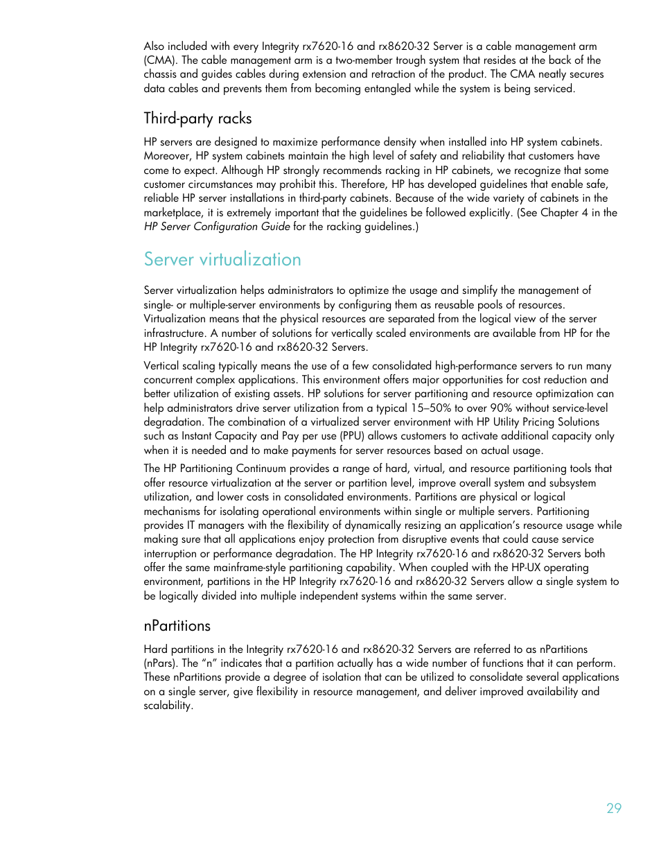 Third-party racks, Server virtualization, Npartitions | HP RX8620-32 User Manual | Page 29 / 43