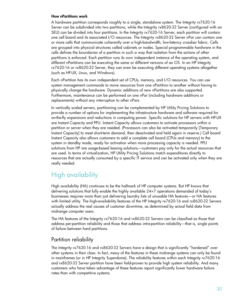 How npartitions work, High availability, Partition reliability | HP RX8620-32 User Manual | Page 30 / 43