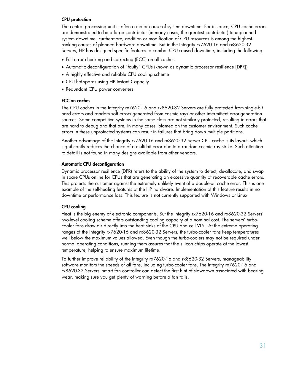 Cpu protection, Ecc on caches, Automatic cpu deconfiguration | Cpu cooling | HP RX8620-32 User Manual | Page 31 / 43