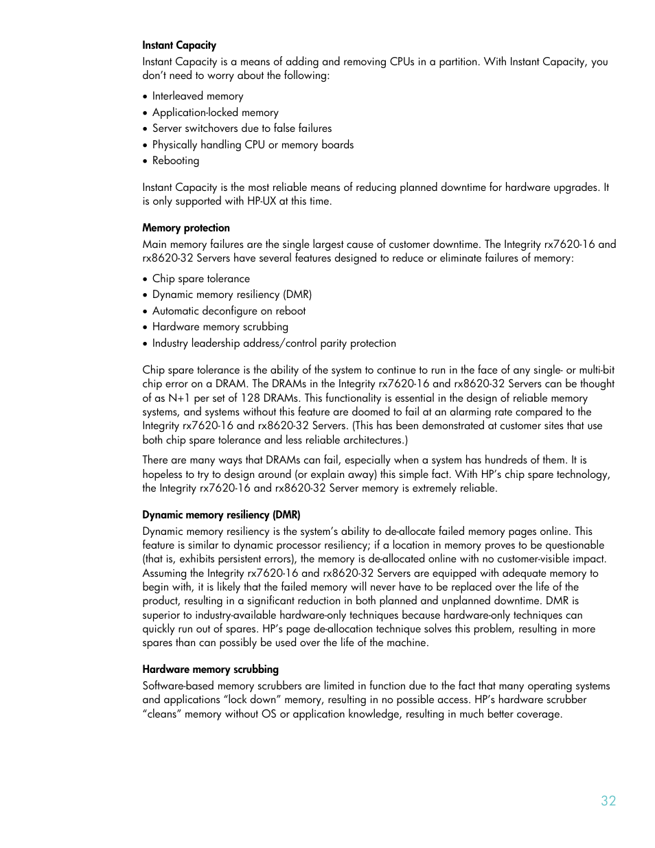Instant capacity, Memory protection, Dynamic memory resiliency (dmr) | Hardware memory scrubbing | HP RX8620-32 User Manual | Page 32 / 43
