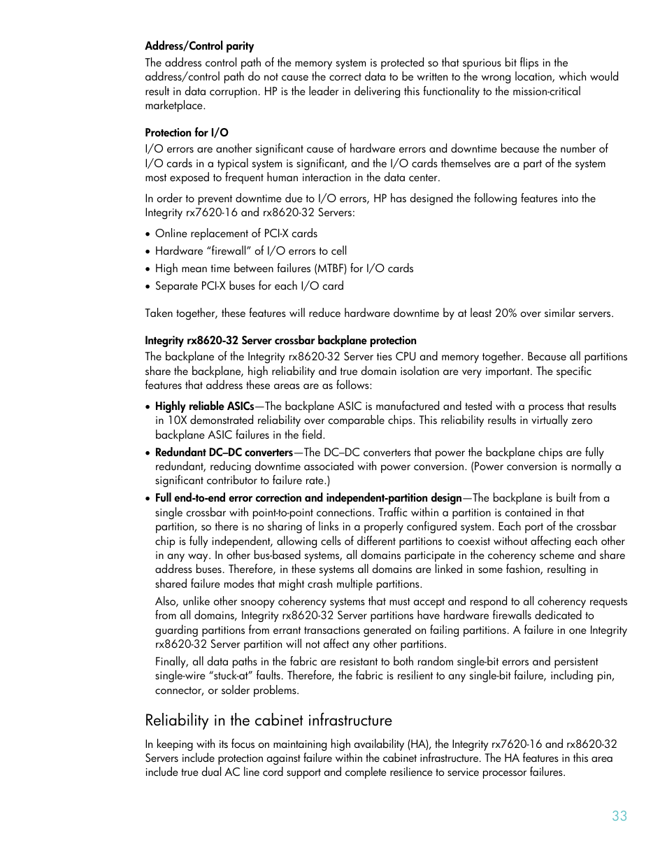 Address/control parity, Protection for i/o, Reliability in the cabinet infrastructure | HP RX8620-32 User Manual | Page 33 / 43