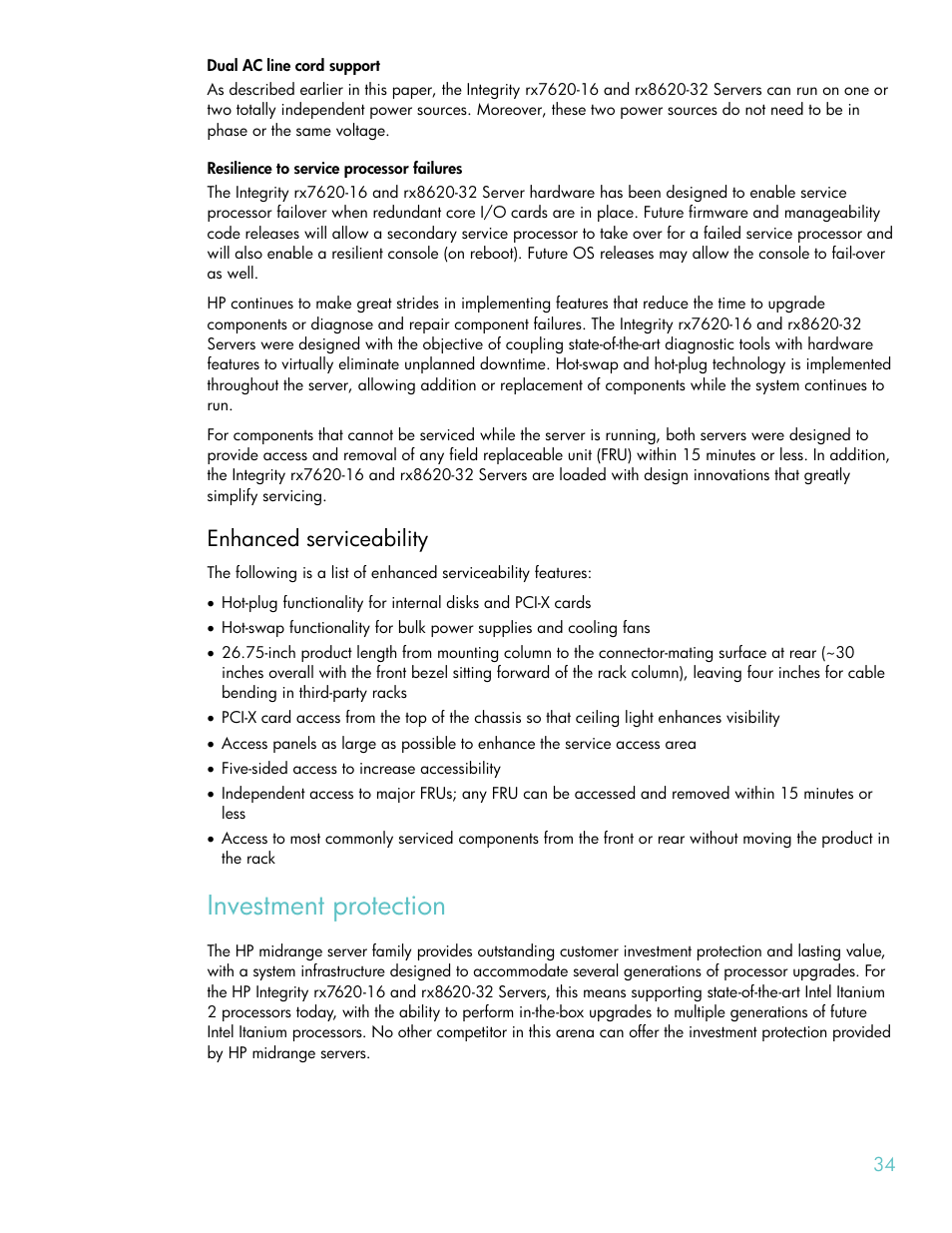 Dual ac line cord support, Resilience to service processor failures, Enhanced serviceability | Investment protection | HP RX8620-32 User Manual | Page 34 / 43