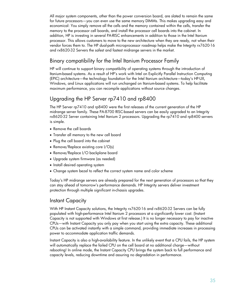 Upgrading the hp server rp7410 and rp8400, Instant capacity | HP RX8620-32 User Manual | Page 35 / 43