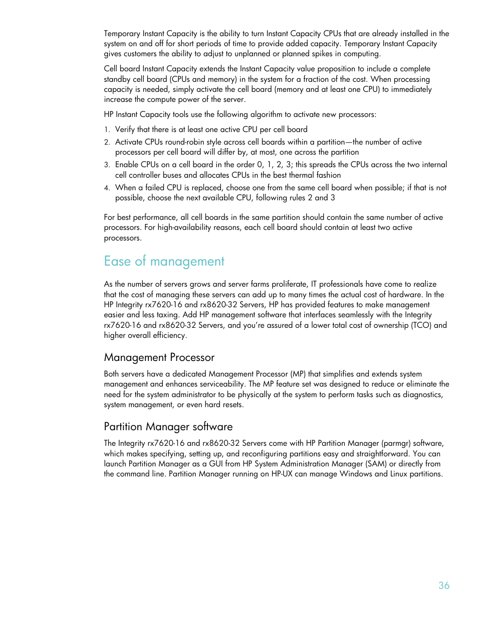 Ease of management, Management processor, Partition manager software | HP RX8620-32 User Manual | Page 36 / 43